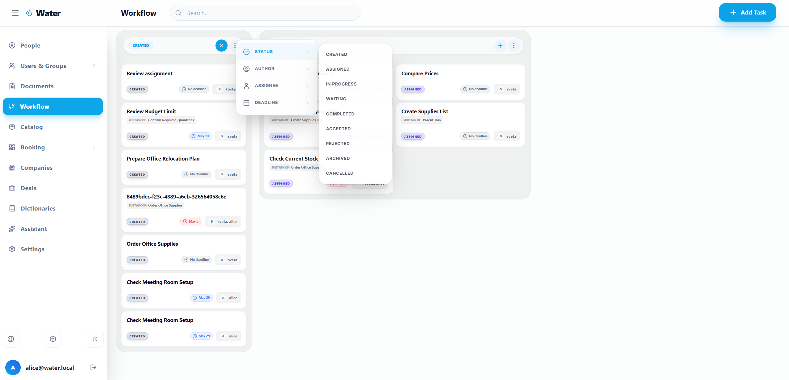 Water Platform Tasks Interface